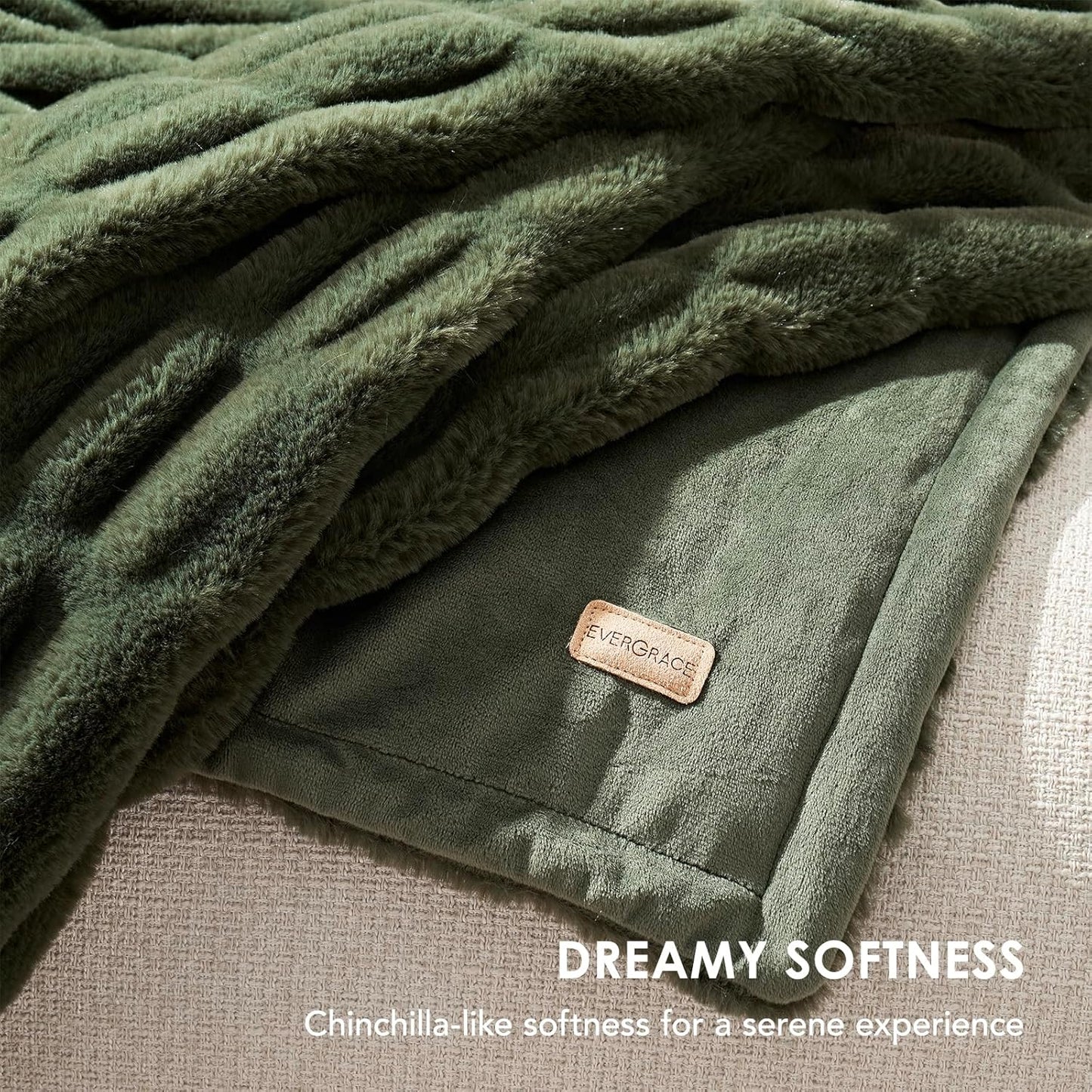 EVERGRACE Luxurious Soft Faux Rabbit Fur Throw Blanket, Cozy Fuzzy Plush Warm Throws for Couch Bed Sofa Chair Home Decor, Ruched Bubble Fluffy Blanket with Reversible Velvet, 60" x 80", Loden Green