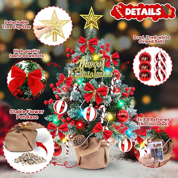 2FT Tabletop Mini Christmas Tree with Colorful LED Lights,DIY Ornaments,24 Inch Small Artificial Pine Tree with Star Topper, Battery Operated Desktop Xmas Tree for Home Office Holiday Decorations Gift