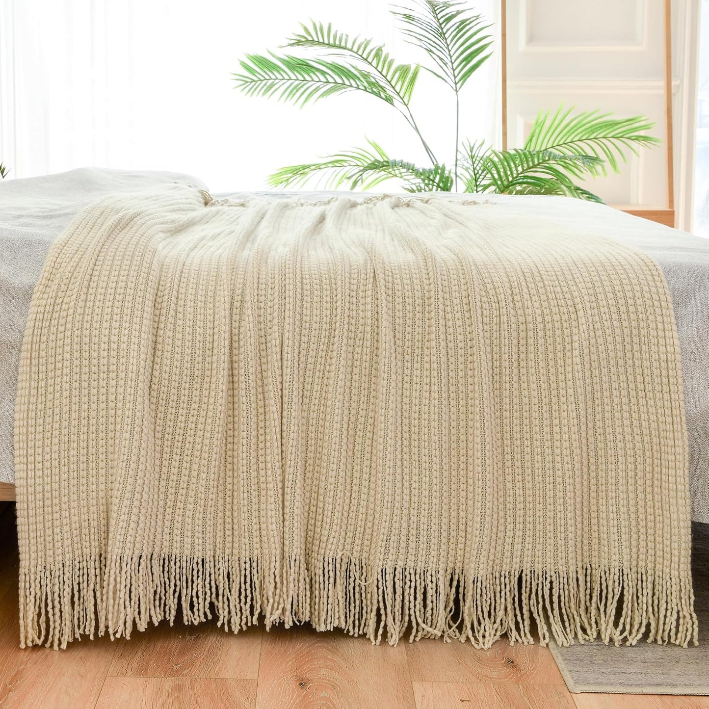 Blagic Knitted Throw Blanket for Couch,Soft Farmhouse Boho Fall Throw Blanket with Tassels,Home Decorative Lightweight, Beige Throws for Bed/Chair/Sofa, 50" W x 60" L