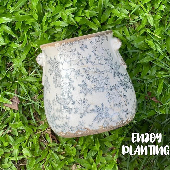 Vintage Grey Ceramic Ice Crack Glaze Flower Pot with Drainage Holes and With Handle, Country Rustic Planters for Indoor and Outdoor,Tuscan Decor,Home,Living Room, Garden Decor, Gardening Gift (Grey)