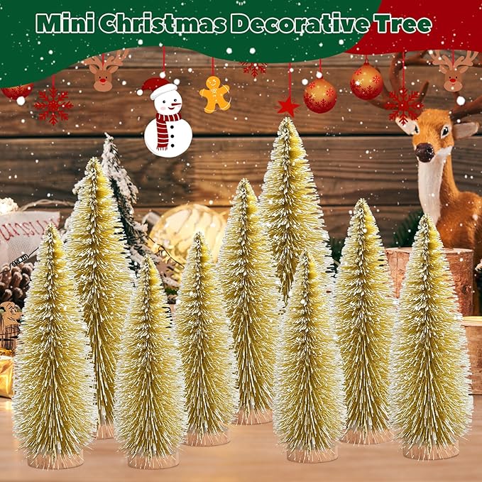 12 Pcs Mini Christmas Tree, Tabletop Christmas Tree with Wooden Bases Artificial Mini Tree with 3 Sizes Christmas Table Decor Bottle Brush Trees for Christmas Decorations (Yellow)