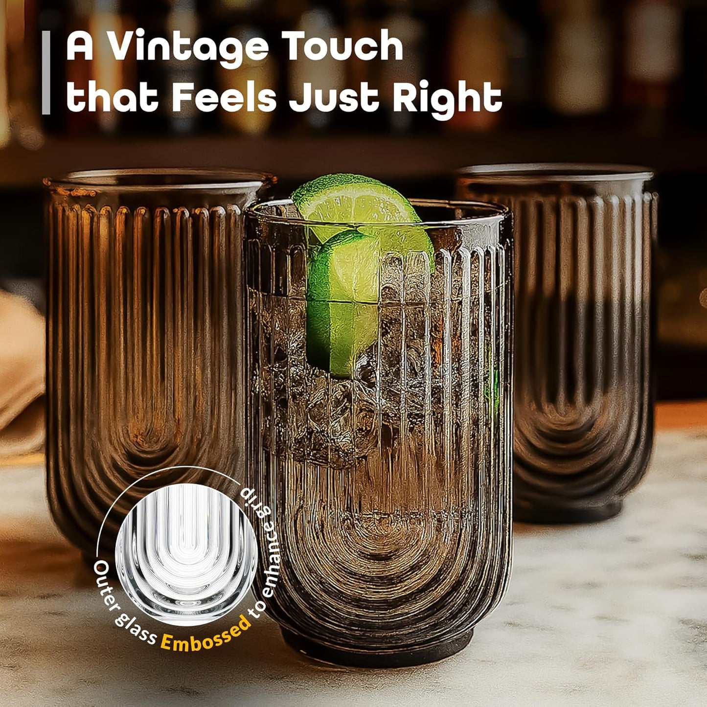 Glaver's Vintage Glassware Art Deco Glasse Ribbed Drinking Glasses U-Shape Arch Design Colored Cocktail Kitchen Tumblers Everyday Dinner Decorative Party (Smoke S/4 17oz)