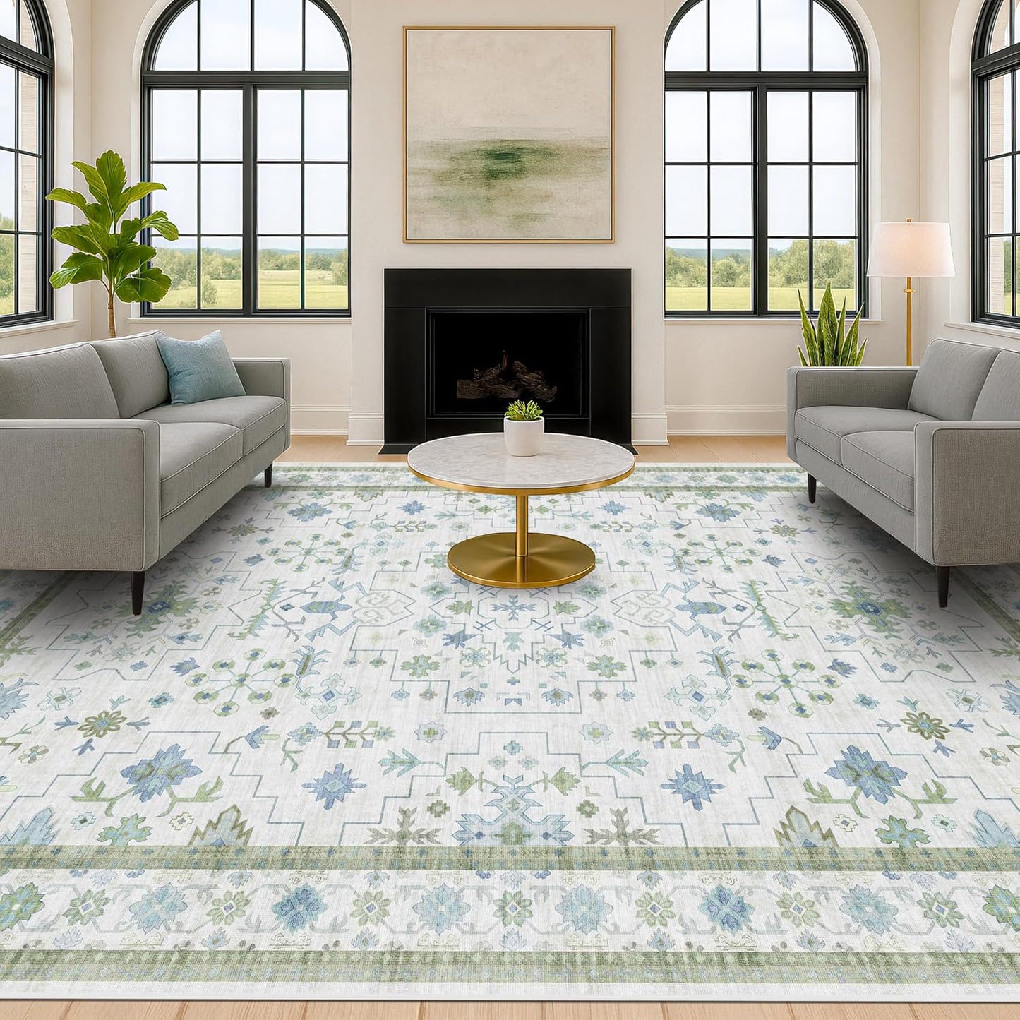 Green Area Rugs 9x12 Living Room - Washable Oriental Geometric, Extra Large for Bedroom Non Slip Soft Faux Wool Carpet for Dining Room Playroom, Lounge - Blue and Green Floral Rug