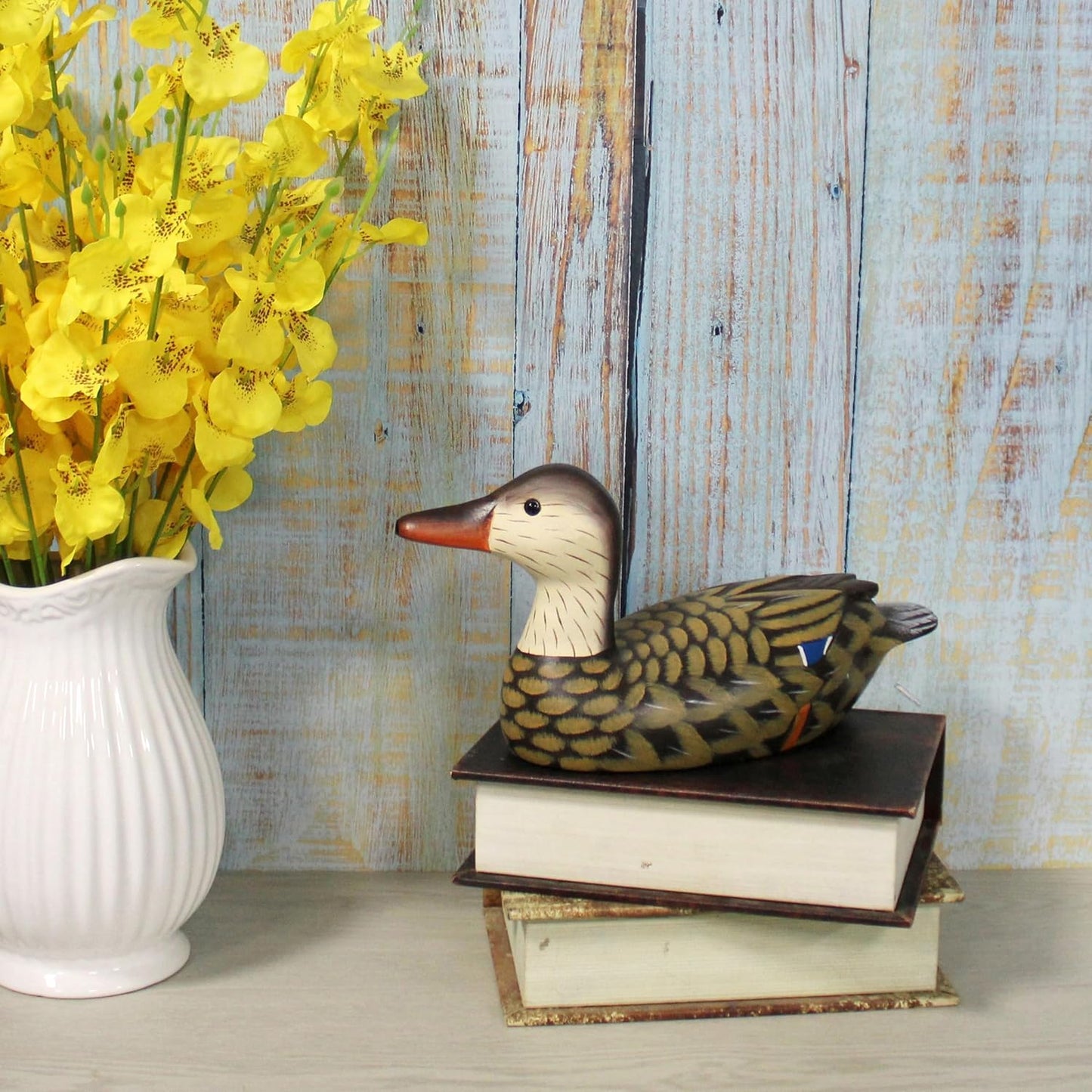 CVHOMEDECO. Primitives Hand Engraving and Painted Wood Duck Decor Farmhouse Figurine Mallard Decorative Accent, 10 Inch, Brown