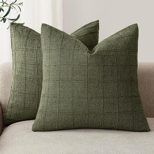 Foindtower Set of 2 Decorative Linen Check Throw Pillow Covers Neutral Farmhouse Vintage Cushion Covers Modern Boho Home Decor for Sofa Chair Couch Bedroom Living Room,26×26 Inch,Olive Green