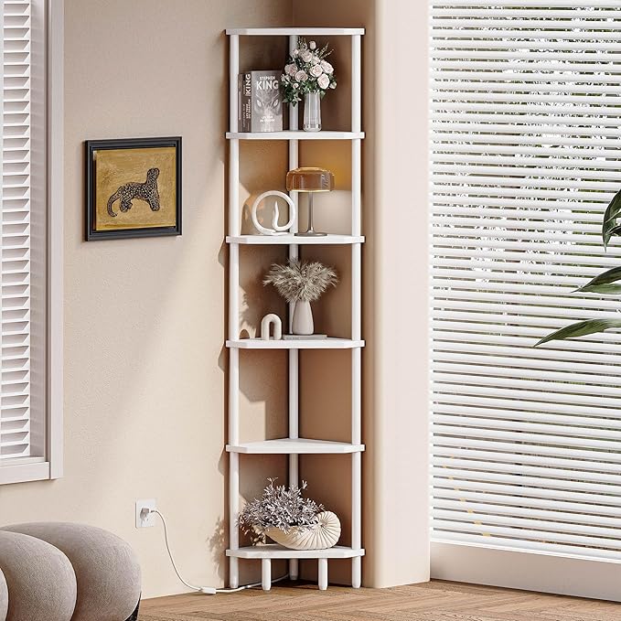 6 Tier Corner Shelf, 66.5'' Tall Standing Shelf, Narrow Display Shelf Stand, Modern Corner Bookshelf, Plant Stand, Corner Bookcase for Living Room, Bedroom, Bathroom, White LCS502W