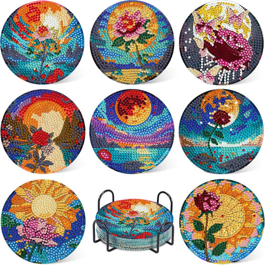 Leatrice Flower Diamond Art Coasters Set of 8, Small Diamond Painting Kits for Adults Beginners Women, Gem Art Coasters with Holder, Funny Arts Supplies for Home Decor
