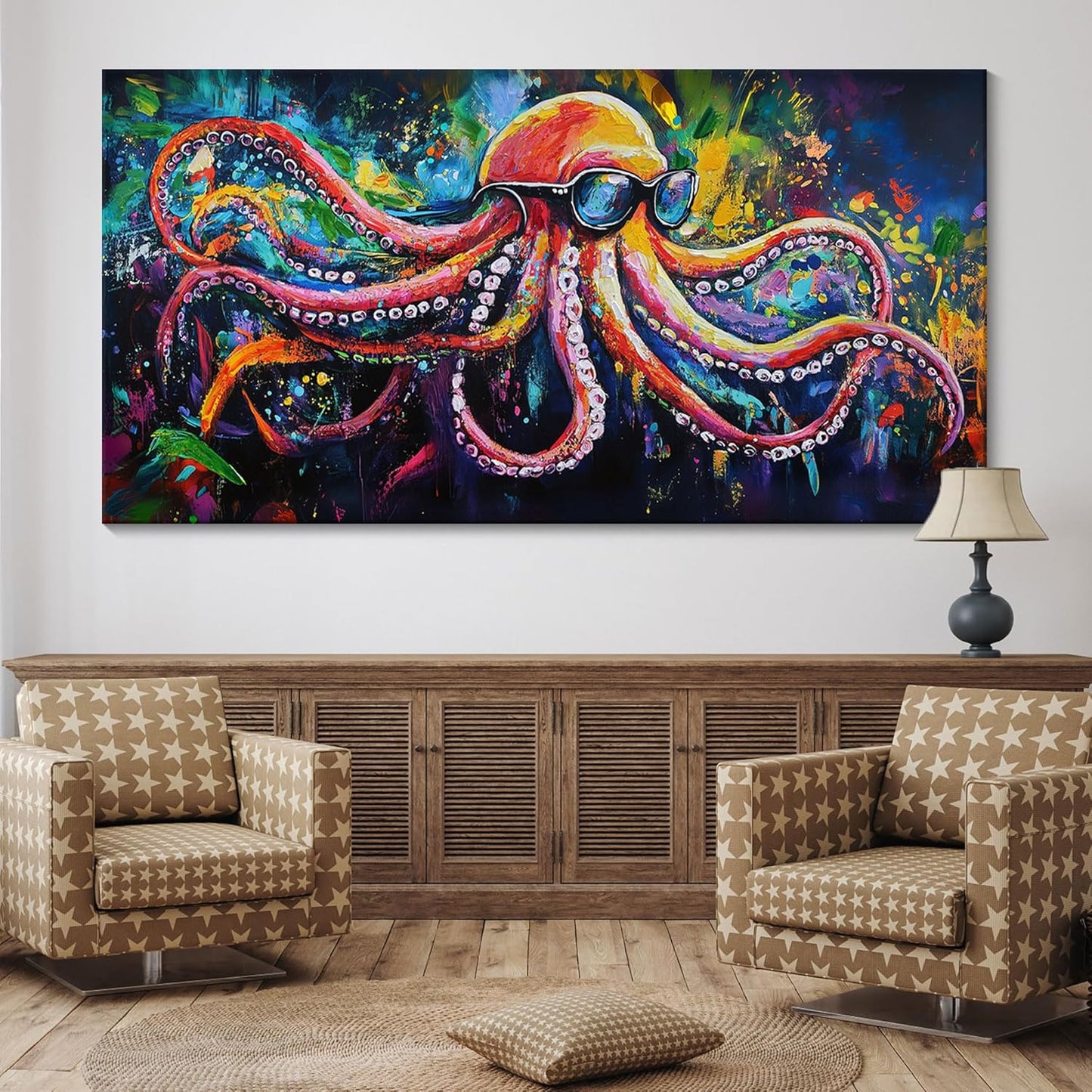 JEAWA Abstract Graffiti Wall Art, Large Size Funny Octopus Street Cool Pop Hand Drawn Texture Canvas Paintings for Living Room Bedroom Men Teenage Boy Game Room Picture Wall Decor 29x58 IN