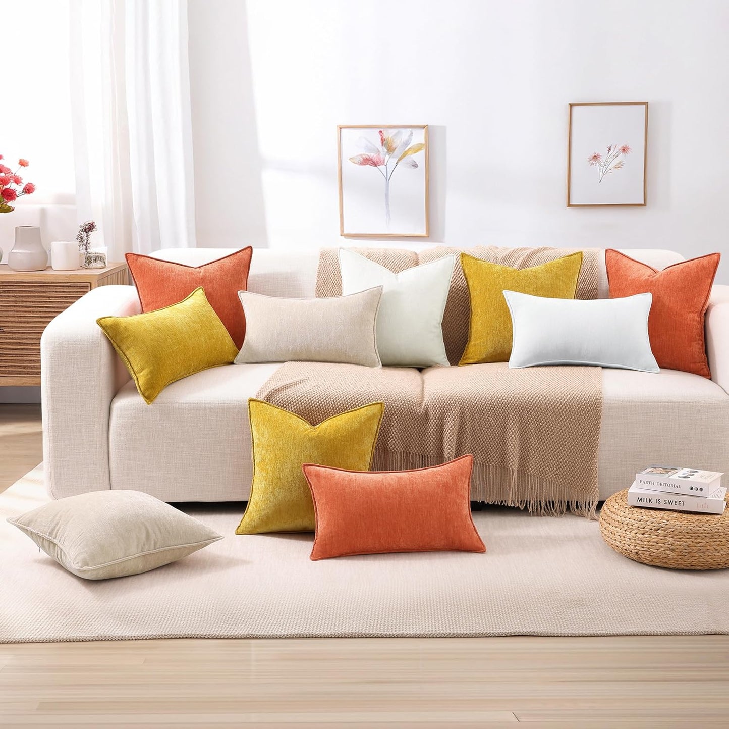 decorUhome Fall Couch Throw Pillow Covers 16x16 Set of 2, Decorative Soft Euro Neutral Chenille Pillow Covers with Elegant Design for Sofa Bed Living Room Home Decor, Rust