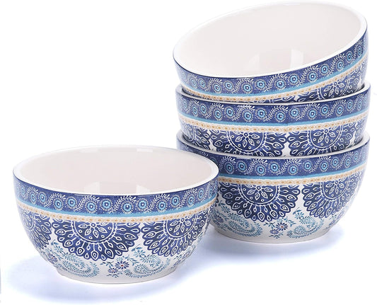 Bico Blue Talavera Cereal Bowls Set of 4, 26 oz Deep Ceramic Soup Bowls for Cereal, Salad, Noodles, Kitchen, Microwave and Dishwasher Safe, Gift for Housewarming and Thanksgiving