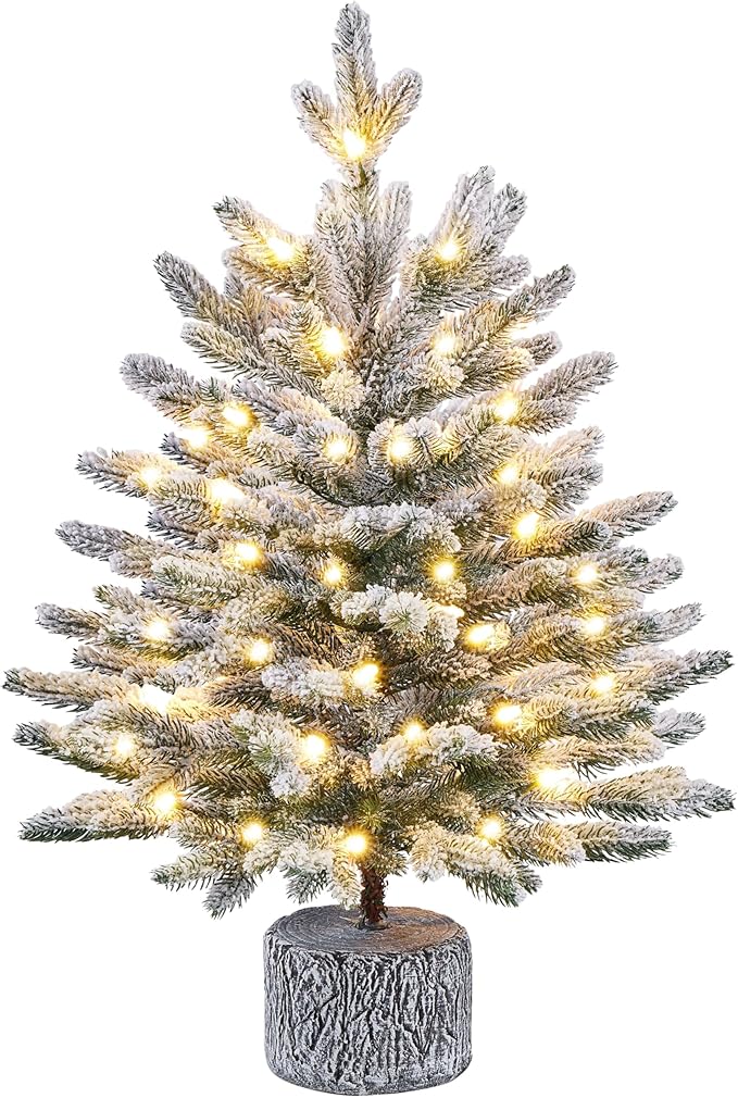 Yaheetech 2FT Pre-lit Potted Flocked Christmas Tree, Snow Frosted Mini Tabletop Artificial Christmas Tree with 35 Warm White LED Lights and 262 PE Branch Tips for Holiday Decoration