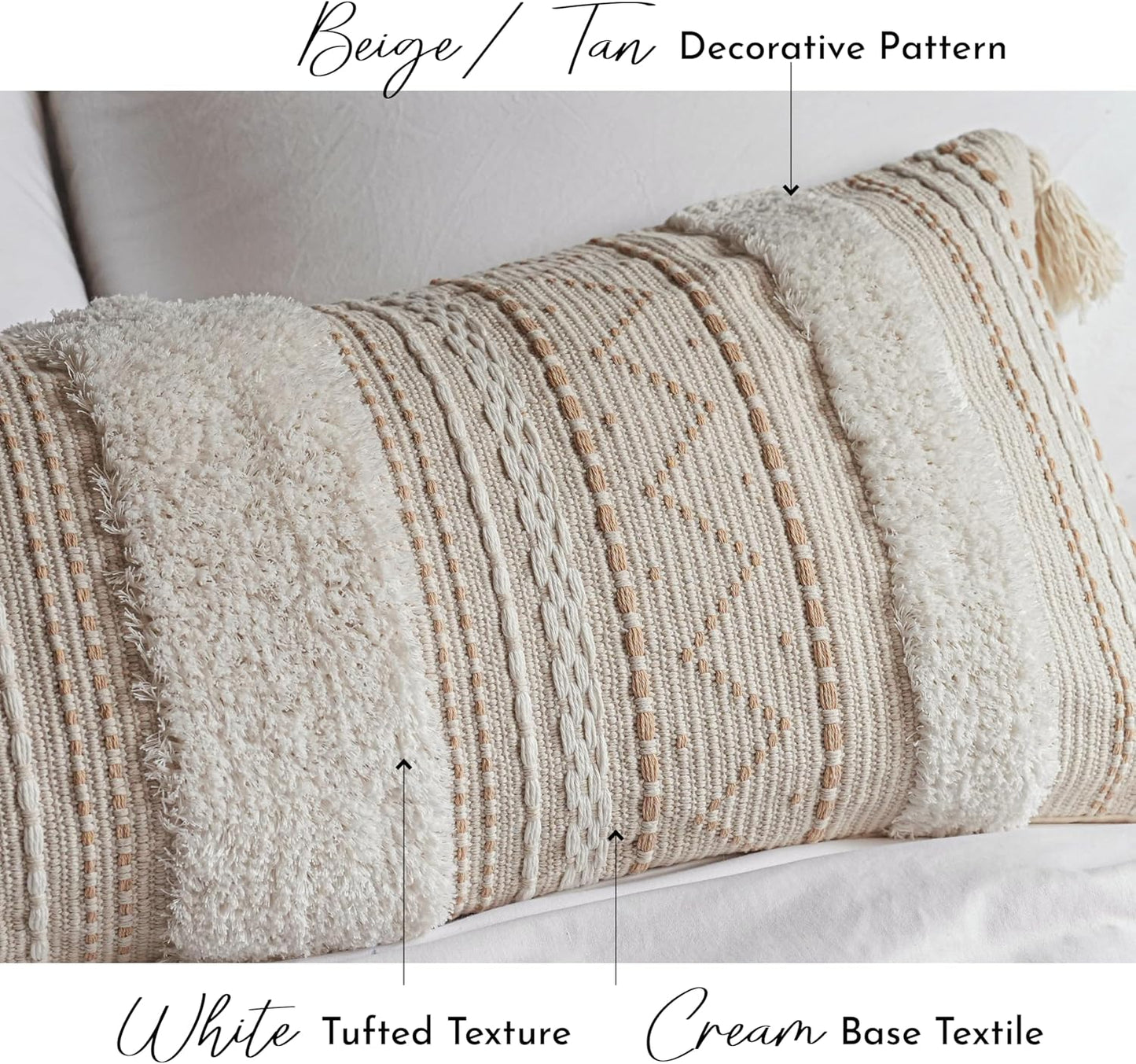 BlissBlush Cream Decorative Lumbar Throw Pillow Cover 14x36 Boho Long Cushion for Bed Neutral Accent Farmhouse Pillowcase for Bedroom Living Room Couch Sofa Home Décor (Cover ONLY, Pack of 1)