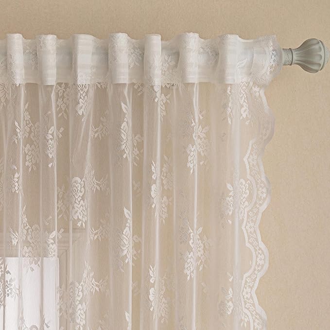 MEETSKY Short Lace Curtains 54 Inches Long Vintage Sheer Kitchen Curtains for Small Windows Back Tab Rod Pocket French Elegant Light Filtering Drapes, 50" W Each Panel, White, Set of 2