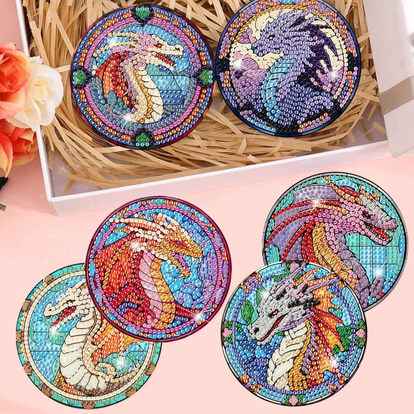 Meothan 8 Pcs Diamond Art Coasters Kits for Adults with Holder Cork Pads, Dragon Diamond Dots Art Painting Coasters Crafts Kit for Home Office Decor (Stained Glass Style)