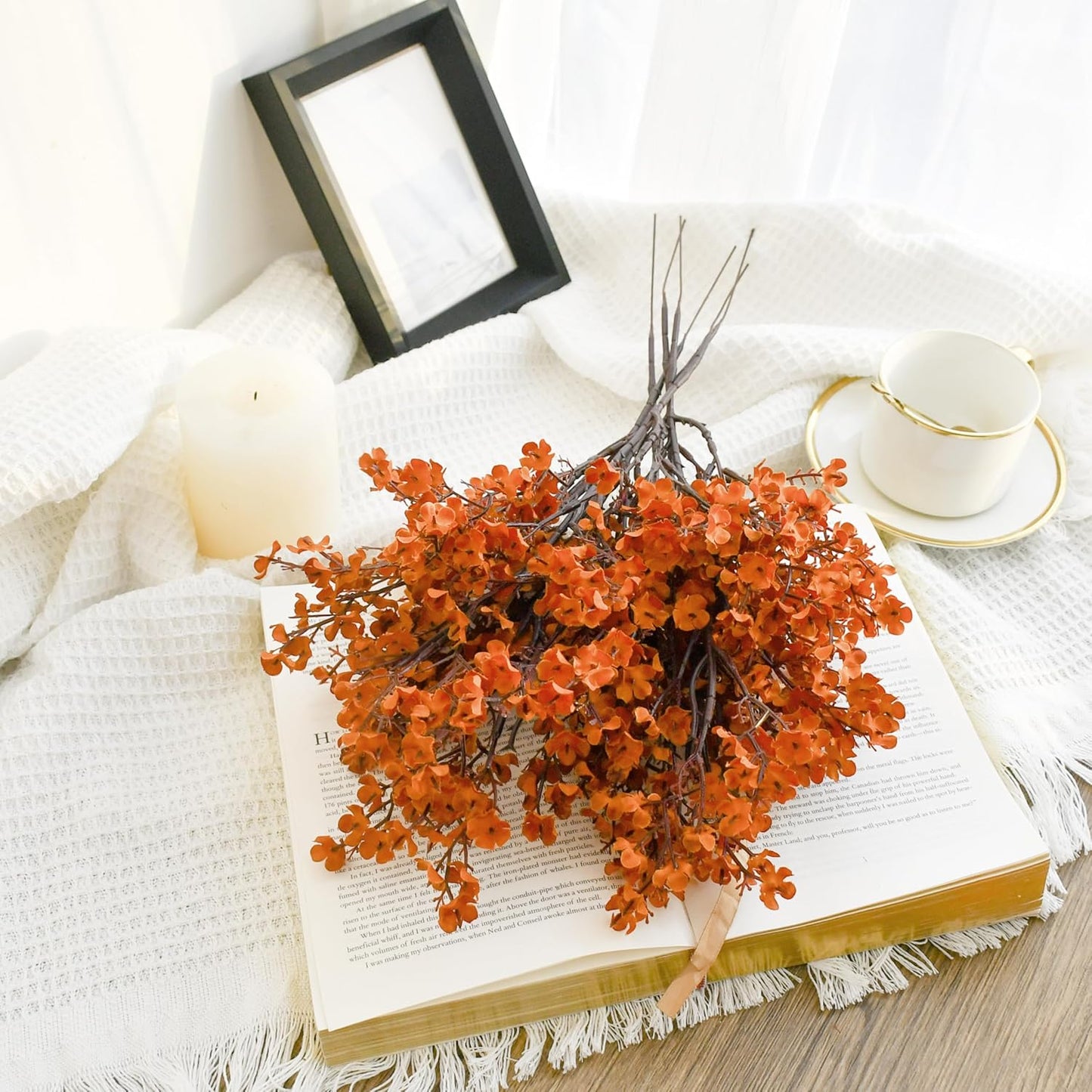 Mandy's Burnt Orange Artificial Baby’s Breath Flowers 15 Bundles Silk Gypsophila with Bendable Stems for Fall Centerpiece Wedding Decor and Table Arrangements
