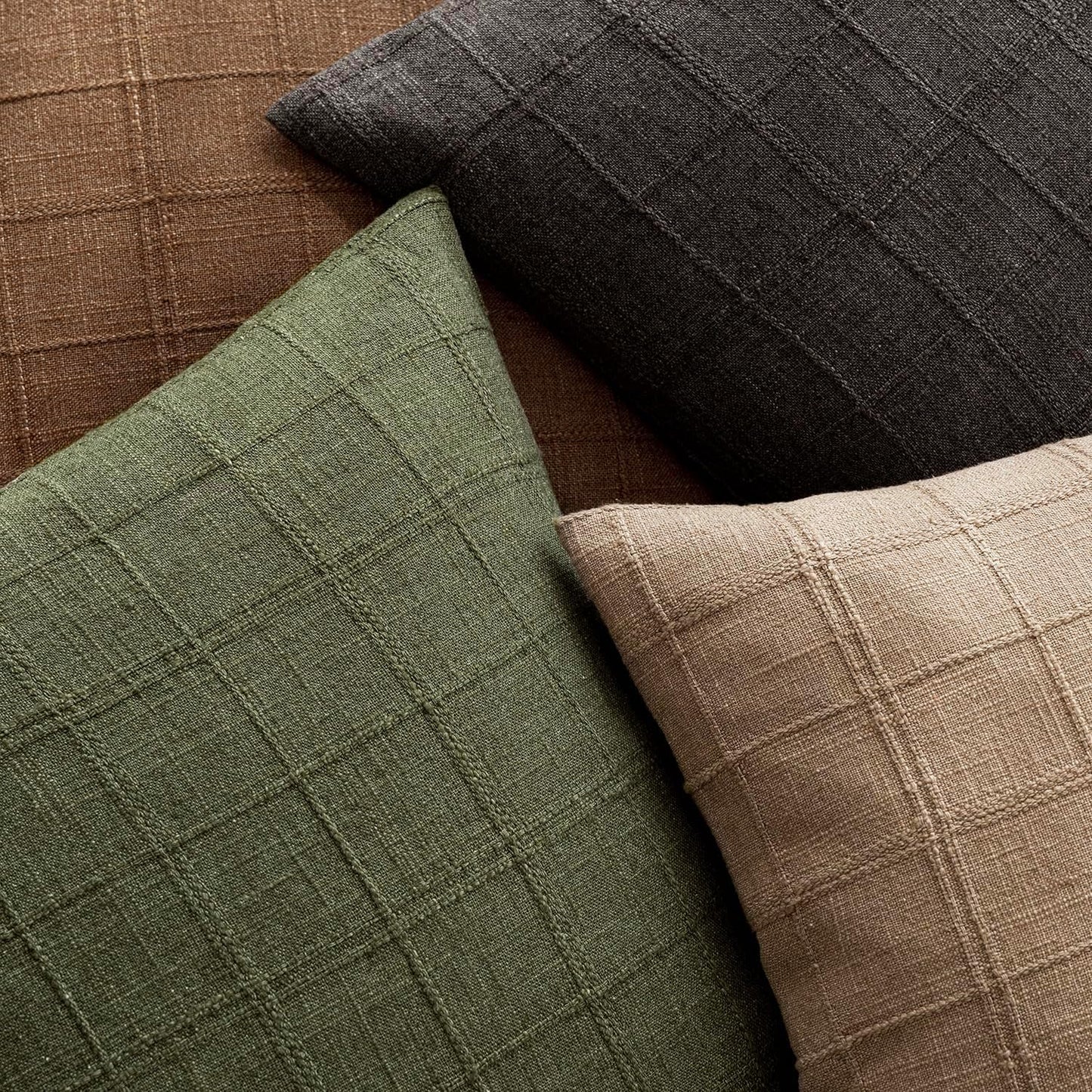 Foindtower Set of 2 Decorative Linen Check Throw Pillow Covers Neutral Farmhouse Vintage Cushion Covers Modern Boho Home Decor for Sofa Chair Couch Bedroom Living Room,22×22 Inch,Brown Hazel