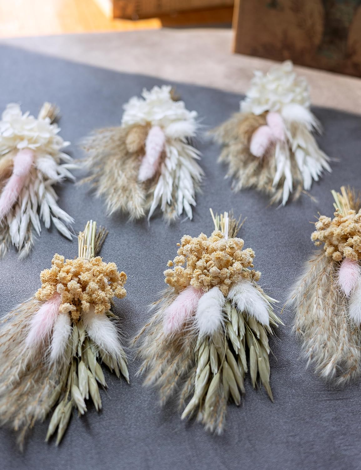 Mini Dried Flower Bouquet (Pack of 6), Dried Pampas Grass, Groom and Best Man Boutonnieres, Dried Cake Flowers, Gift Box Filler, Boho Party Favours..(Blush)