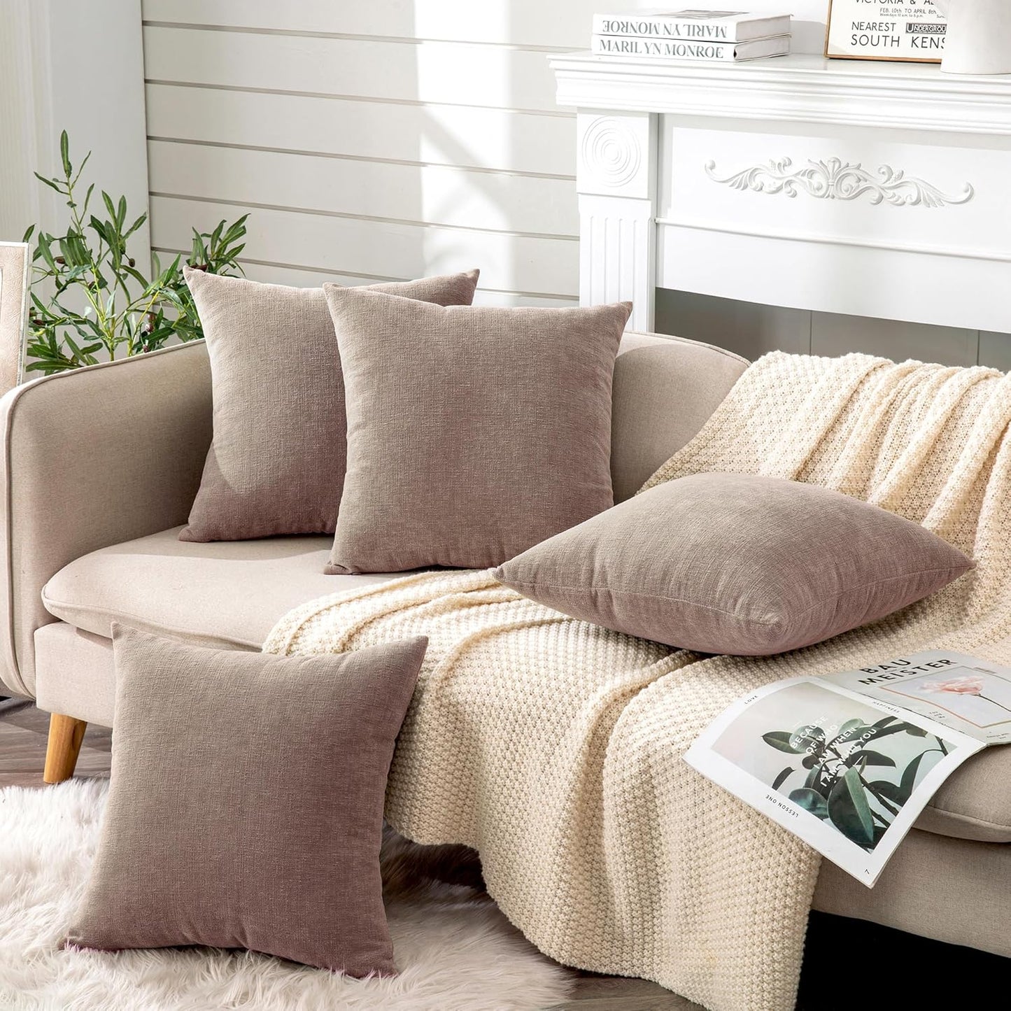 GAWAMAY Decorative Square Throw Pillow Covers 18"x18" Inch Set of 4, Super Soft Chenille Pillows Cover Fall Pillowcase for Living Room Bedroom Sofa Couch Cushion Cover Taupe Grey 45x45cm