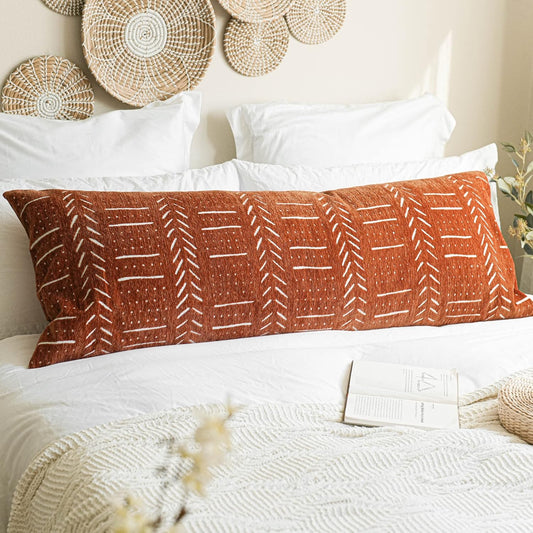 BlissBlush Fall Brick Red Soft Chenille Boho Body Pillow Cover 20x54, Decorative Oversized Long Lumbar Pillow, Boho Textured Oversize Body Pillow, Cover ONLY