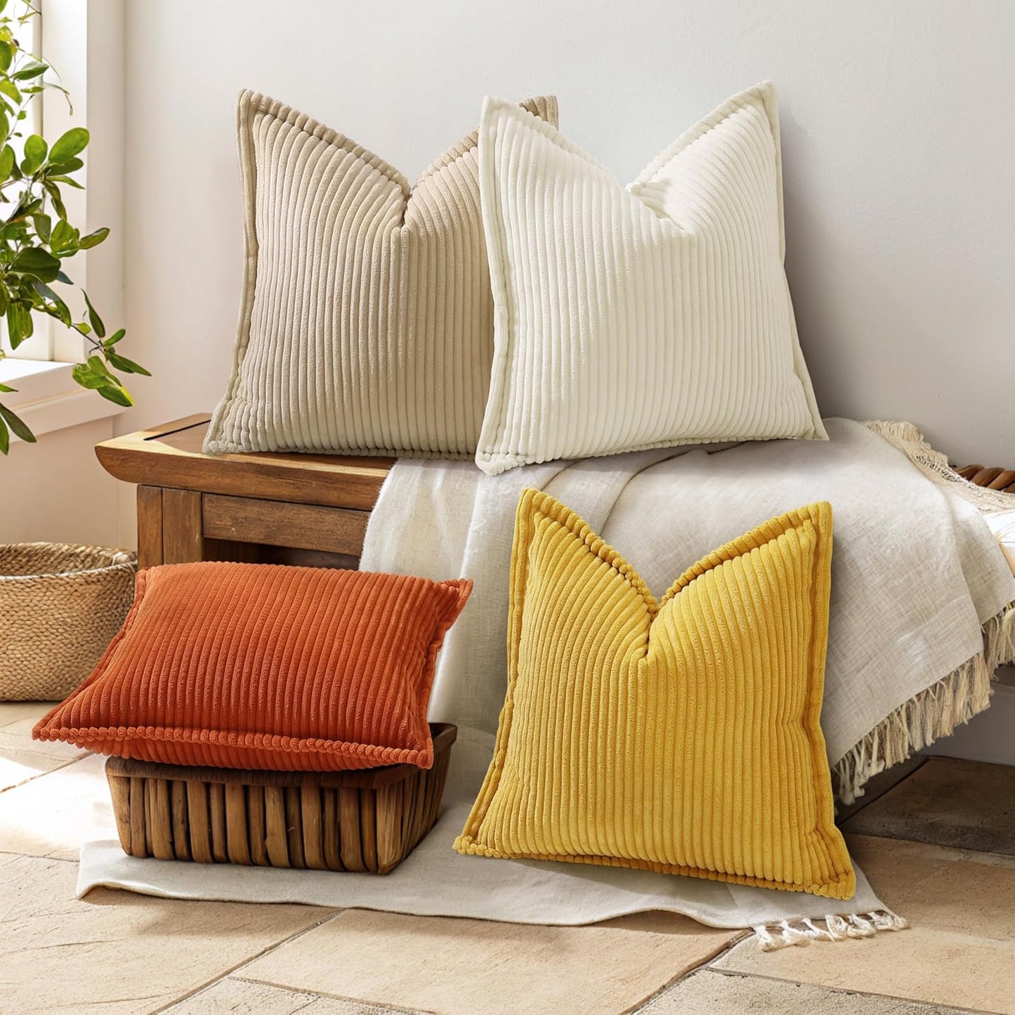 decorUhome Corduroy Mustard Yellow Throw Pillow Covers 18x18 Set of 2 Decorative Soft Boho Farmhouse Euro Couch Pillow Covers for Living Room Bed Sofa Broadside Striped Pillow Cases