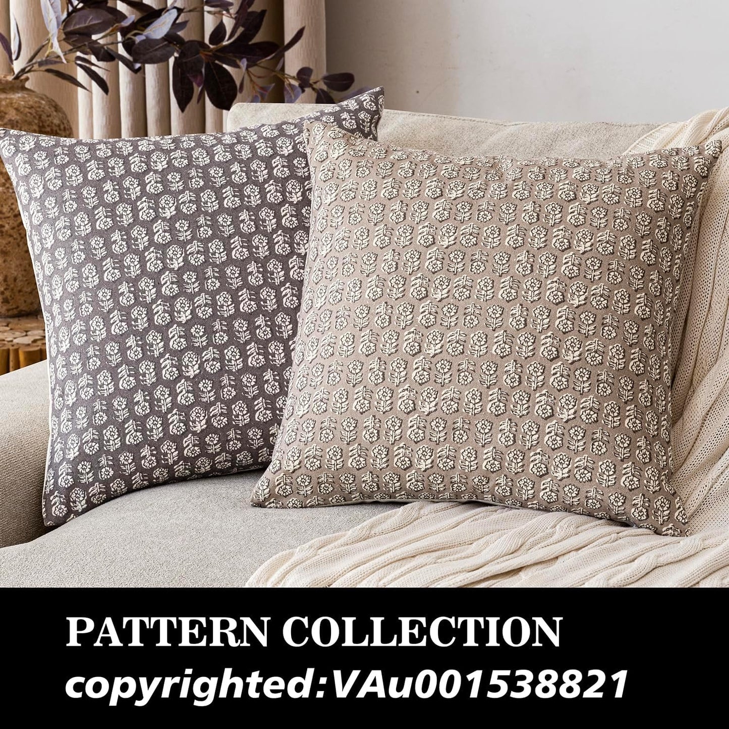 Foindtower Set of 2 Decorative Neutral Floral Print Throw Pillow Covers Vintage Accent Farmhouse Cushion Covers Boho Home Decor for Sofa Couch Chair Bedroom Living Room,20×20 Inch,Rustic Gray