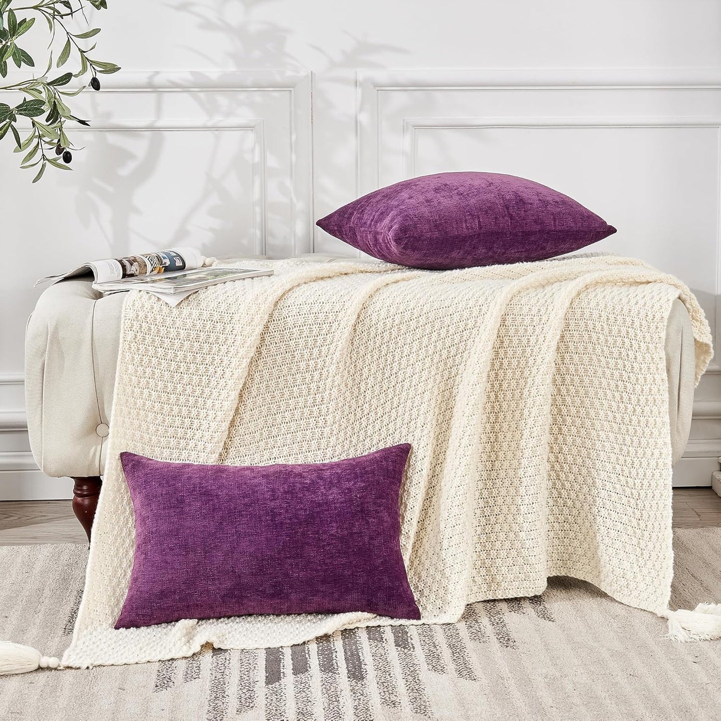 GAWAMAY Lumbar Pillow Decorative Rectangle Throw Pillow Covers 12"x20" Inch Set of 2, Super Soft Chenille Fall Pillowcase for Living Room Bedroom Sofa Couch Cushion Cover Purple 30x50cm (ONLY Covers)