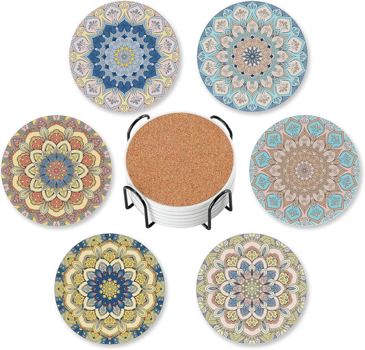 Mandala Set of 6 Coasters for Drinks Absorbing Round Ceramic Stone Coaster with Cork Base,Tabletop Protection Mat for Mugs and Cups,Office,Kitchen