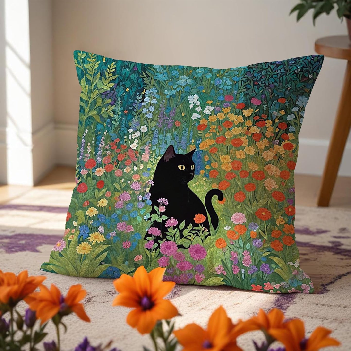Floral Black Cat Pillow Covers 18x18, Cats Lovers Lady Gifts, Cat Mom Grandma Gifts, Cats in Colorful Wildflower Decorative Pillow Covers for Home Bedroom Living Room Office Decor