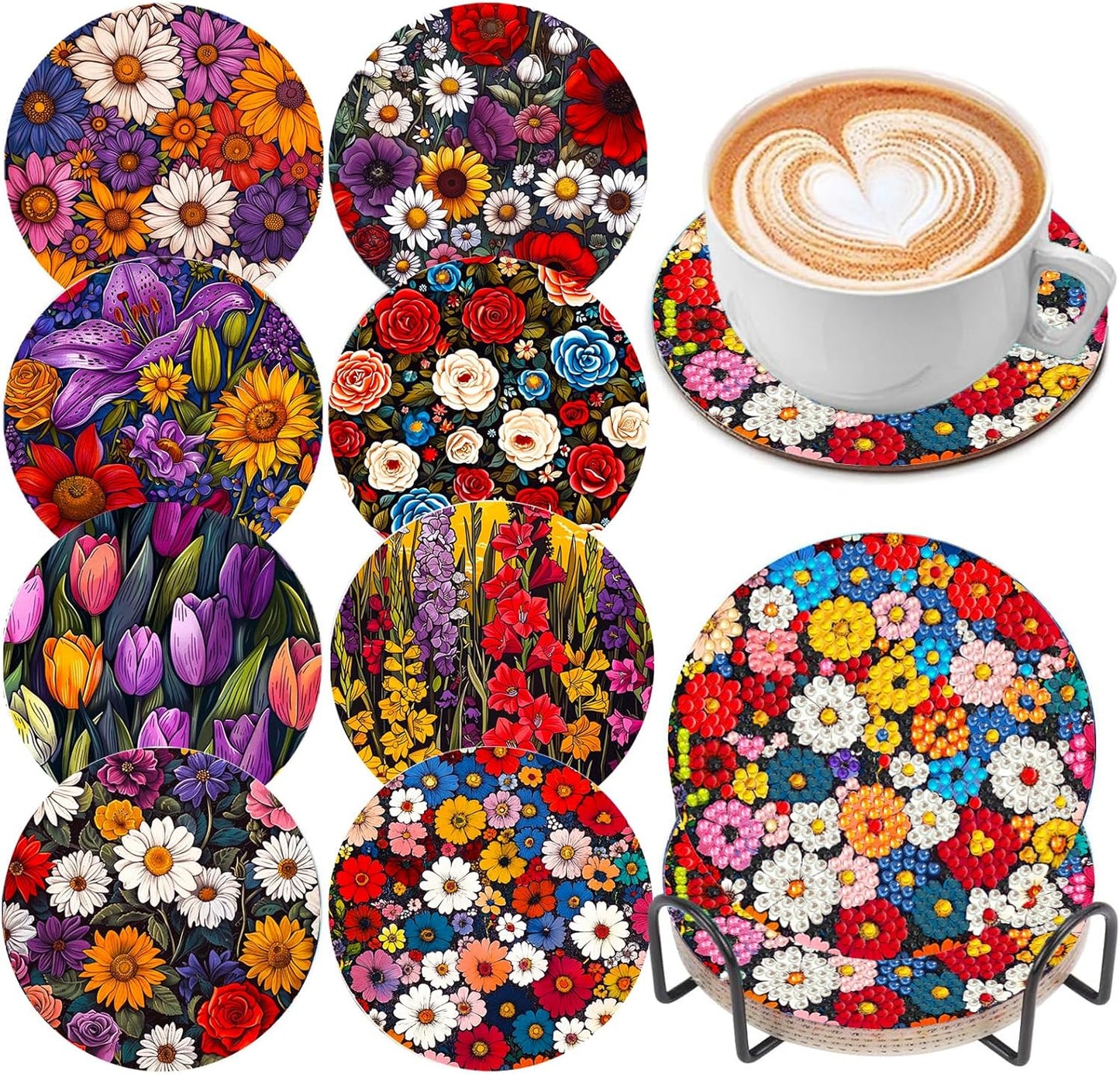 DOZEEZOP 8 PCS Flowers Diamond Art Coasters Kit, 5D Diamond Painting Coasters with Holder, Fall Small Diamond Art Kits for Adults Beginners, Diamond Dots Arts and Crafts Supplies