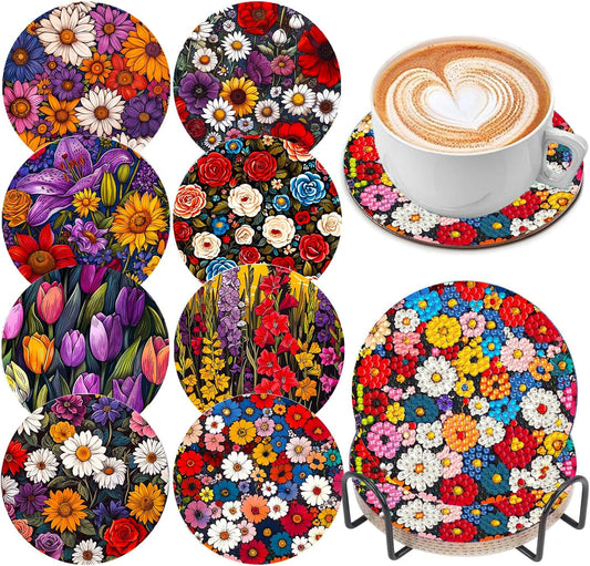 DOZEEZOP 8 PCS Flowers Diamond Art Coasters Kit, 5D Diamond Painting Coasters with Holder, Fall Small Diamond Art Kits for Adults Beginners, Diamond Dots Arts and Crafts Supplies
