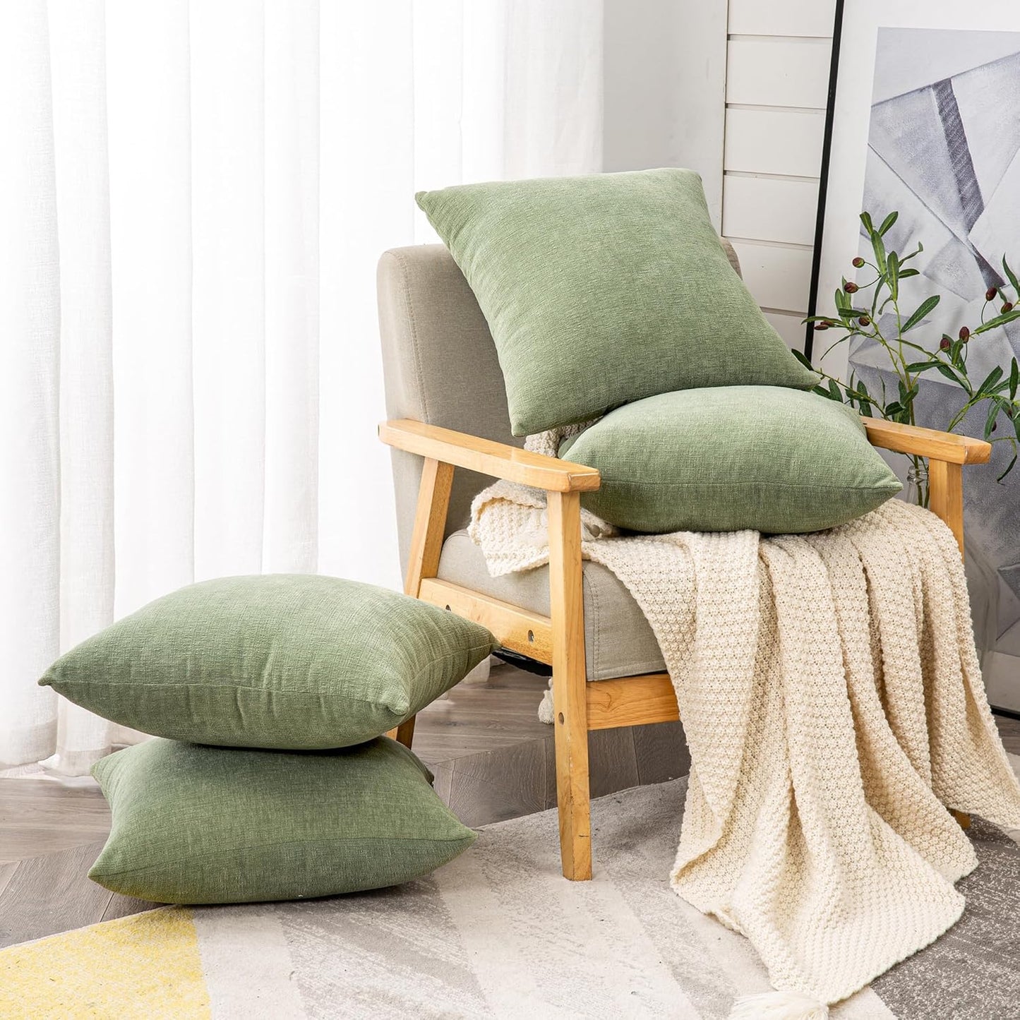 GAWAMAY Decorative Square Throw Pillow Covers 18"x18" Inch Set of 4, Super Soft Chenille Pillows Farmhouse Fall Pillowcase for Living Room Bedroom Sofa Couch Cushion Cover Sage Green 45x45cm
