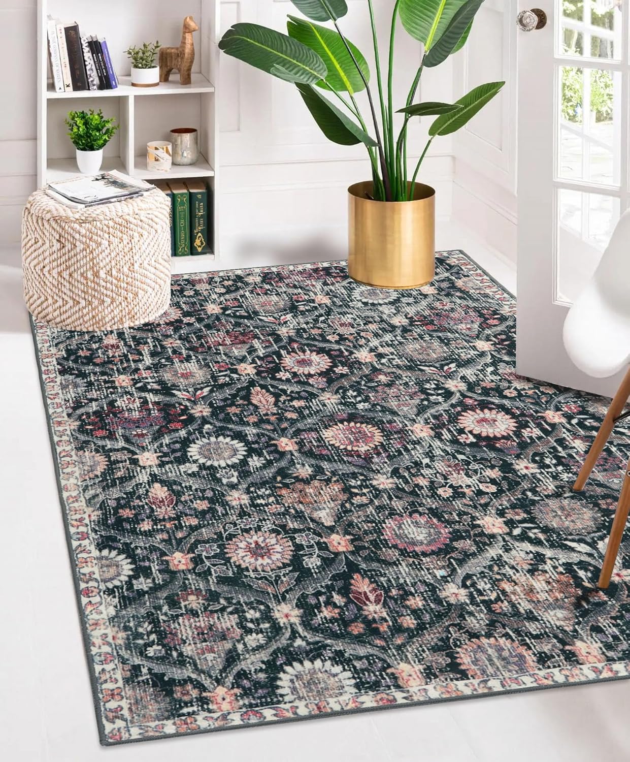 Lahome Moroccan Trellis Washable Small Area Rug, 3x5 Black Rug for Bedroom Living Room, Non-Slip Oriental Accent Throw Carpet for Kitchen Office Entryway Bathroom Office, Black/Multi