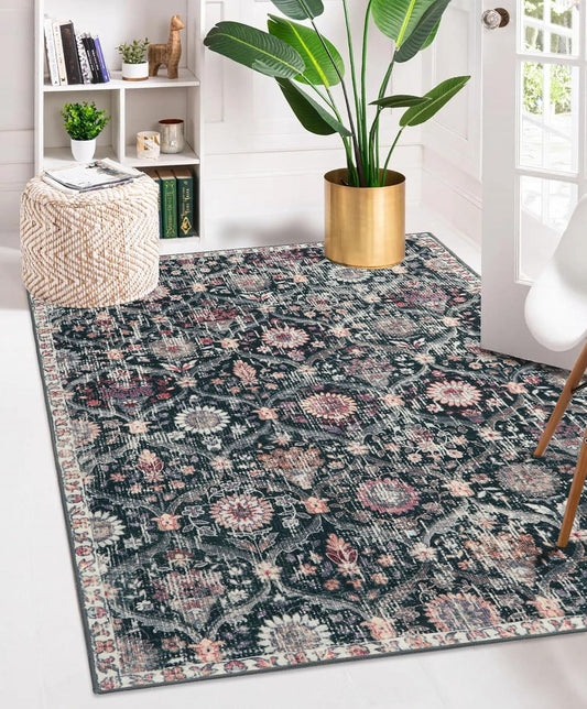 Lahome Moroccan Trellis Washable Small Area Rug, 3x5 Black Rug for Bedroom Living Room, Non-Slip Oriental Accent Throw Carpet for Kitchen Office Entryway Bathroom Office, Black/Multi