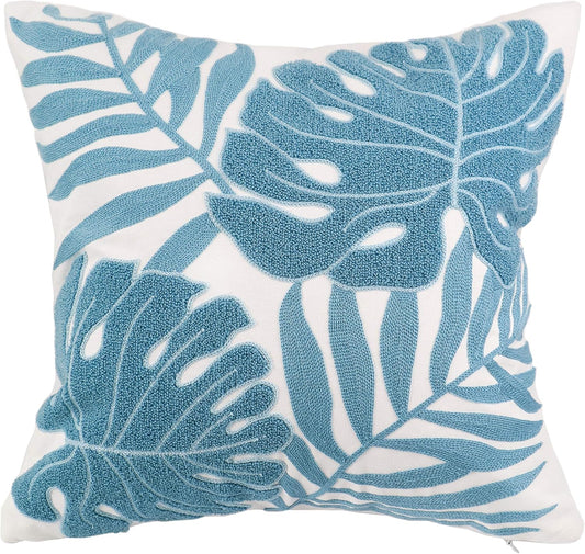 Embroidery Throw Pillow Cover 18x18 Light Blue Tropical Leaf Home Décor Turquoise Cushion Cover for Couch 45x45 100% Cotton Floor Pillowcase Teal Plant Monstera Leaf Loop, 1 Piece