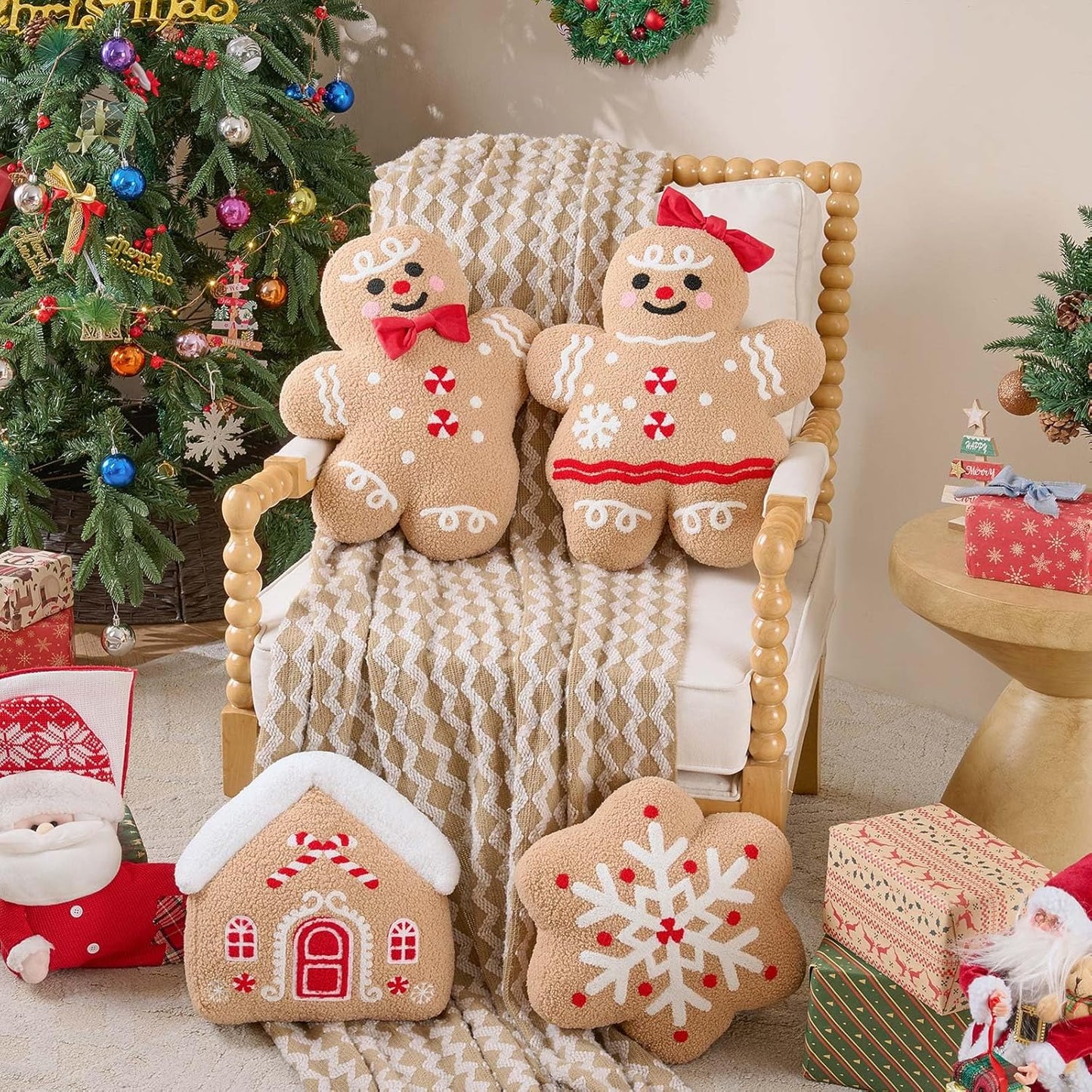 Lanpn Christmas Gingerbread Pillows Set of 4, Christmas Decoration Winter Throw Pillows Soft Fleece Sherpa Cute 3D Shaped Ginger Bread Throw Cushion for Sofa Bedroom Xmas Decor