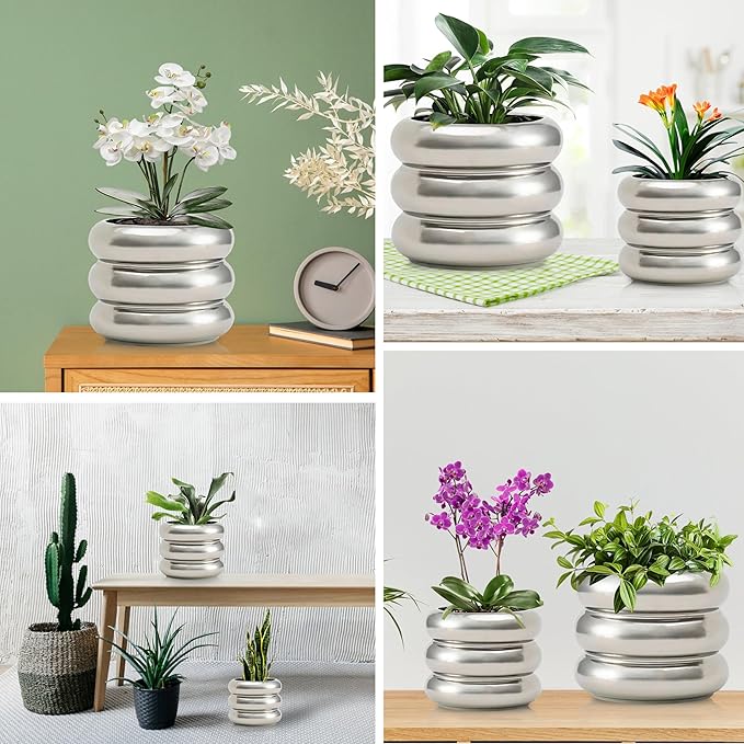 Modern Plant Pot 6.5 Inch Silver Ceramic Planters for Indoor Plants Planter Pots with Drainage Holes Small Ceramic Pots Bubble Flowerpot for Home & Office Decor