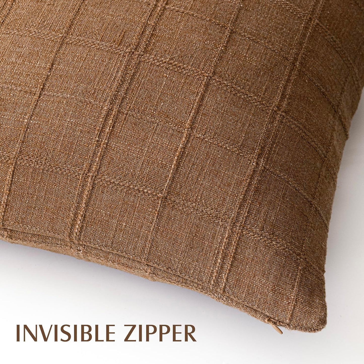 Foindtower Set of 2 Decorative Linen Check Throw Pillow Covers Neutral Farmhouse Vintage Cushion Covers Modern Boho Home Decor for Sofa Chair Couch Bedroom Living Room,18×18 Inch,Brown Hazel