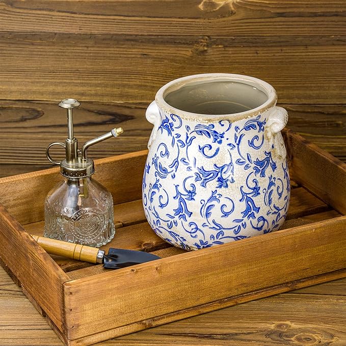 Vintage Blue Ceramic Ice Crack Glaze Flower Pot with Drainage Holes and With Handle, Country Rustic Planters for Indoor and Outdoor,Tuscan Decor,Home,Living Room, Garden Decor, Gardening Gift (Blue)