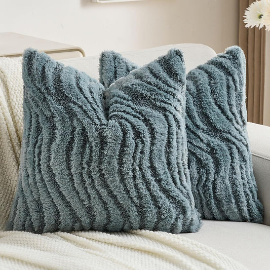 FUTEI Blue Decorative Throw Pillow Covers 16x16 Inch Set of 2,Soft Faux Fur Geometric Shapes Texture Cushion Case,Boho Home Decor for Couch Bed Living Room