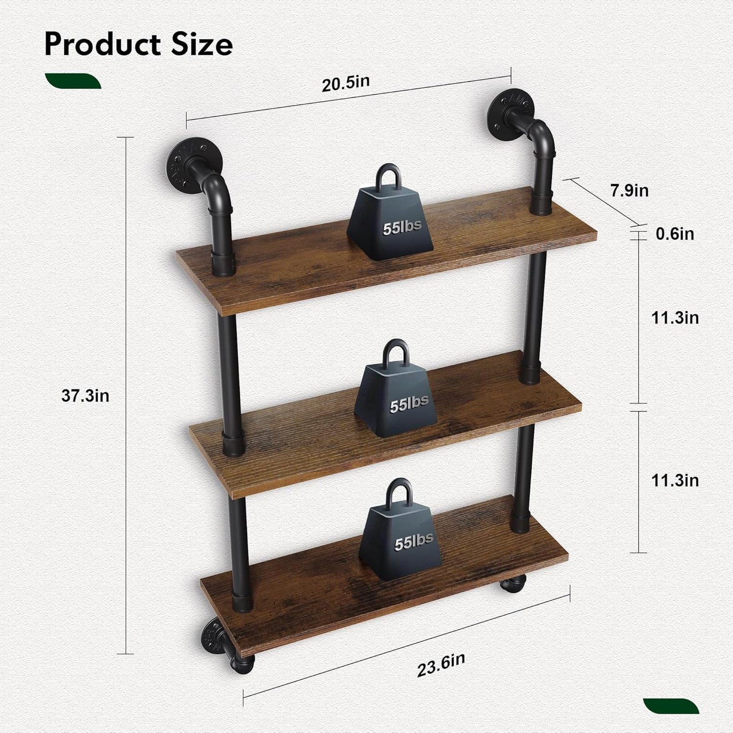 Merapi 24" Industrial Floating Shelves, Pipe Shelves for Wall, 3 Tier Rustic Wood Wall Shelves for Home Décor, Bedroom, Living Room, Bathroom…
