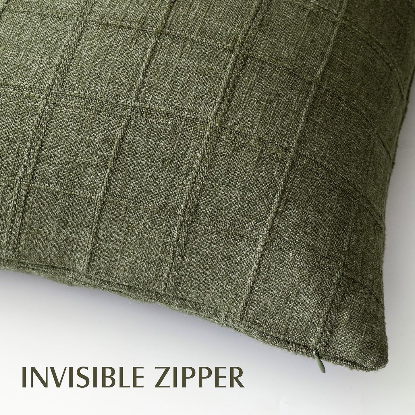 Foindtower Set of 2 Decorative Linen Check Throw Pillow Covers Neutral Farmhouse Vintage Cushion Covers Modern Boho Home Decor for Sofa Chair Couch Bedroom Living Room,18×18 Inch,Olive Green