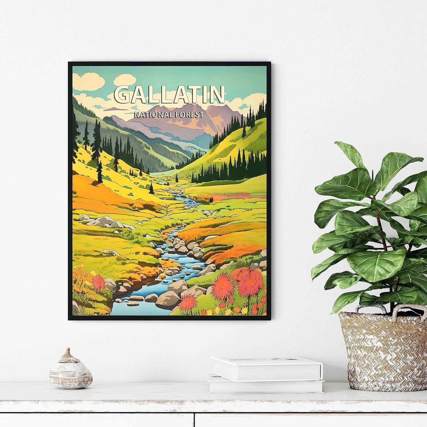 Gallatin National Forest Poster Art Print Retro Mountain Wall Art Poster Vintage Decor Nature Recreation Wilderness Wildlife Decoration, Outdoor Adventure Scenic Beauty Artwork. (Gallatin National