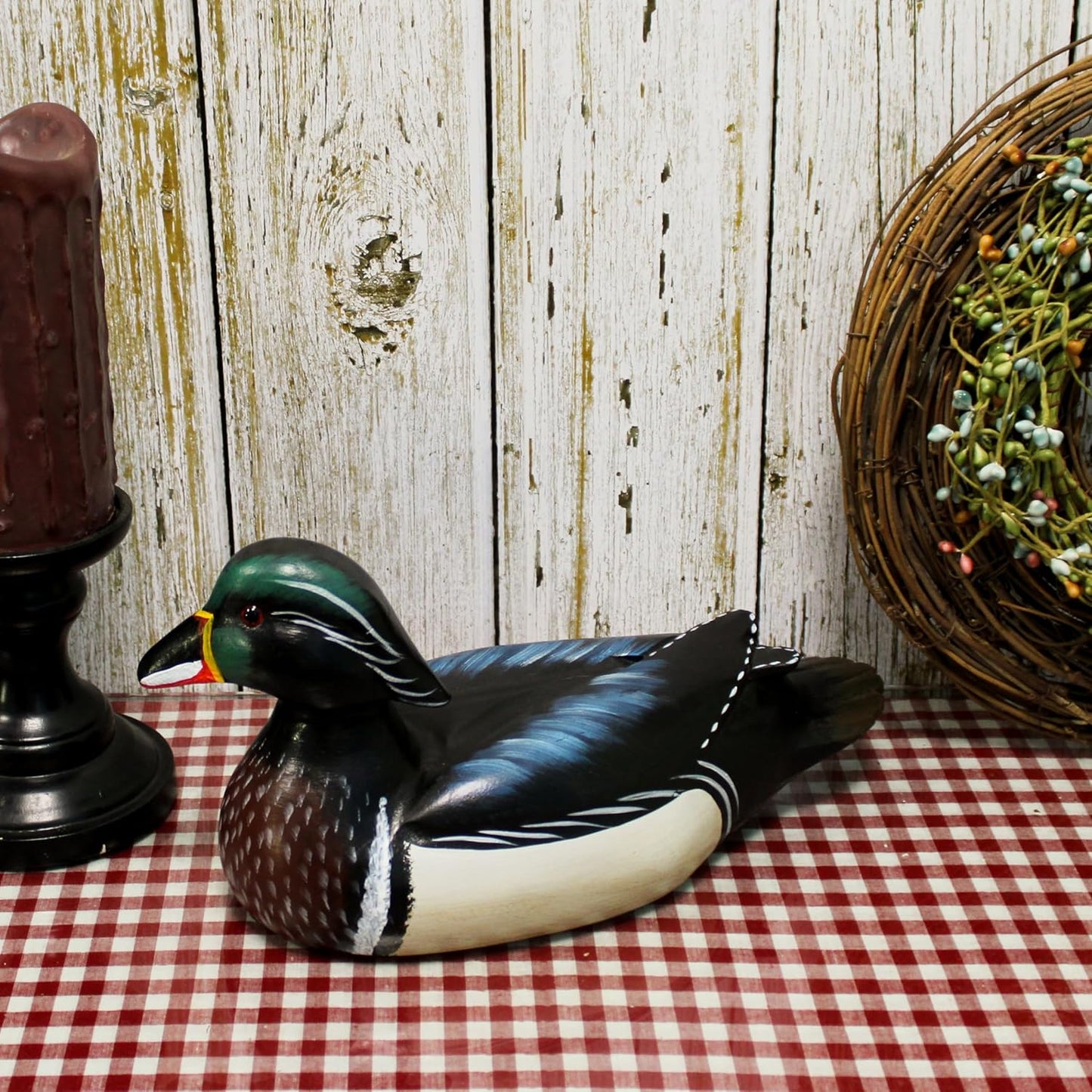 CVHOMEDECO. Primitives Hand Engraving and Painted Wood Wild Duck Farmhouse Figurine Mallard Decorative Accent, 12 Inch