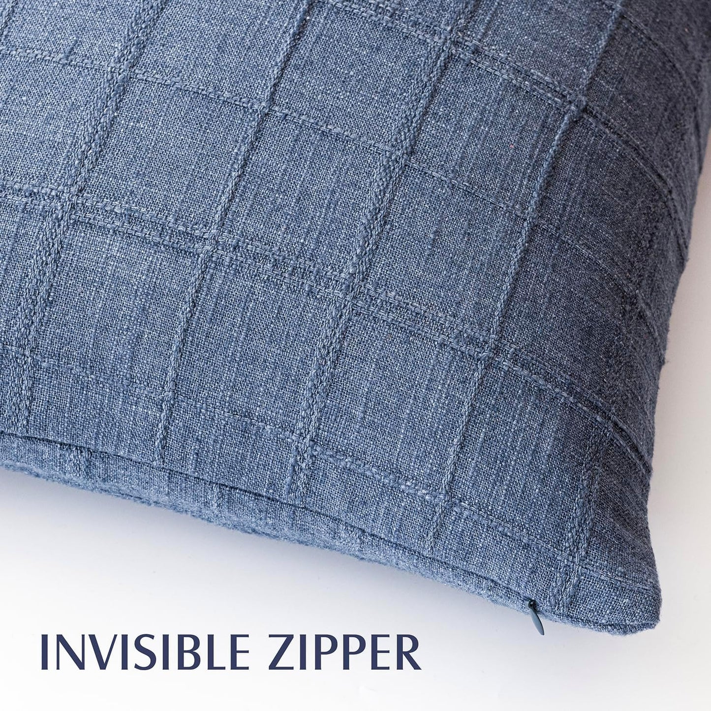 Foindtower Set of 2 Decorative Linen Check Throw Pillow Covers Neutral Farmhouse Vintage Cushion Covers Modern Coastal Boho Home Decor for Sofa Chair Couch Bedroom Living Room,22×22 Inch,Blue