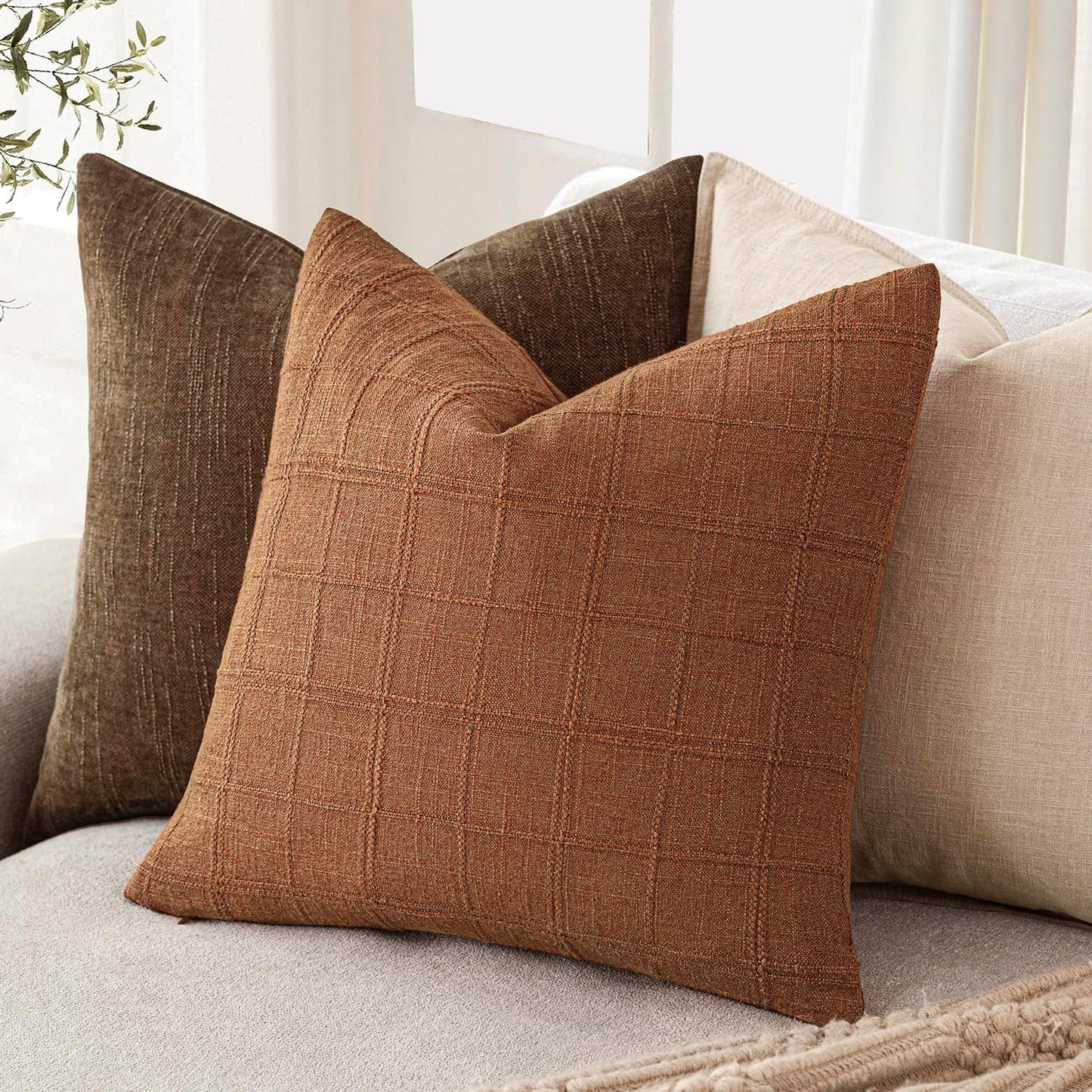 Foindtower Set of 2 Decorative Linen Check Throw Pillow Covers Neutral Farmhouse Vintage Cushion Covers Modern Boho Home Decor for Sofa Chair Couch Bedroom Living Room,26×26 Inch,Orange