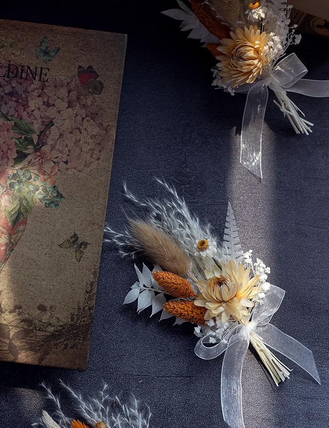 xin's convey Mini Dried Flowert Set (Pack of 6), Orange Small Bouquet, Pampas Small Bouquet, Party Plate Decoration, Bridesmaid Flower Girl Proposal Box, Birthday Cake Decoration. (Terracotta)