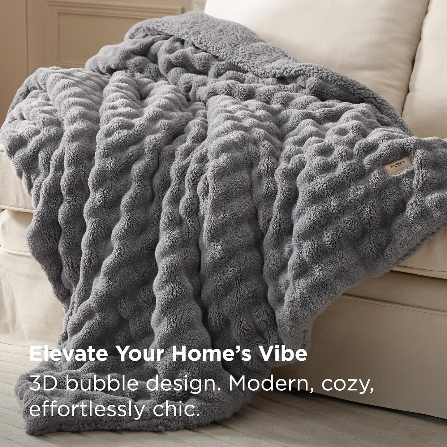 Bedsure Bubble Sherpa Blanket Twin Size for Bed - Fuzzy Fleece Thick Warm Blanket for Winter, GentleSoft Cozy Plush Throw Gift for Women, Room Decor, Grey, 60x80 Inches