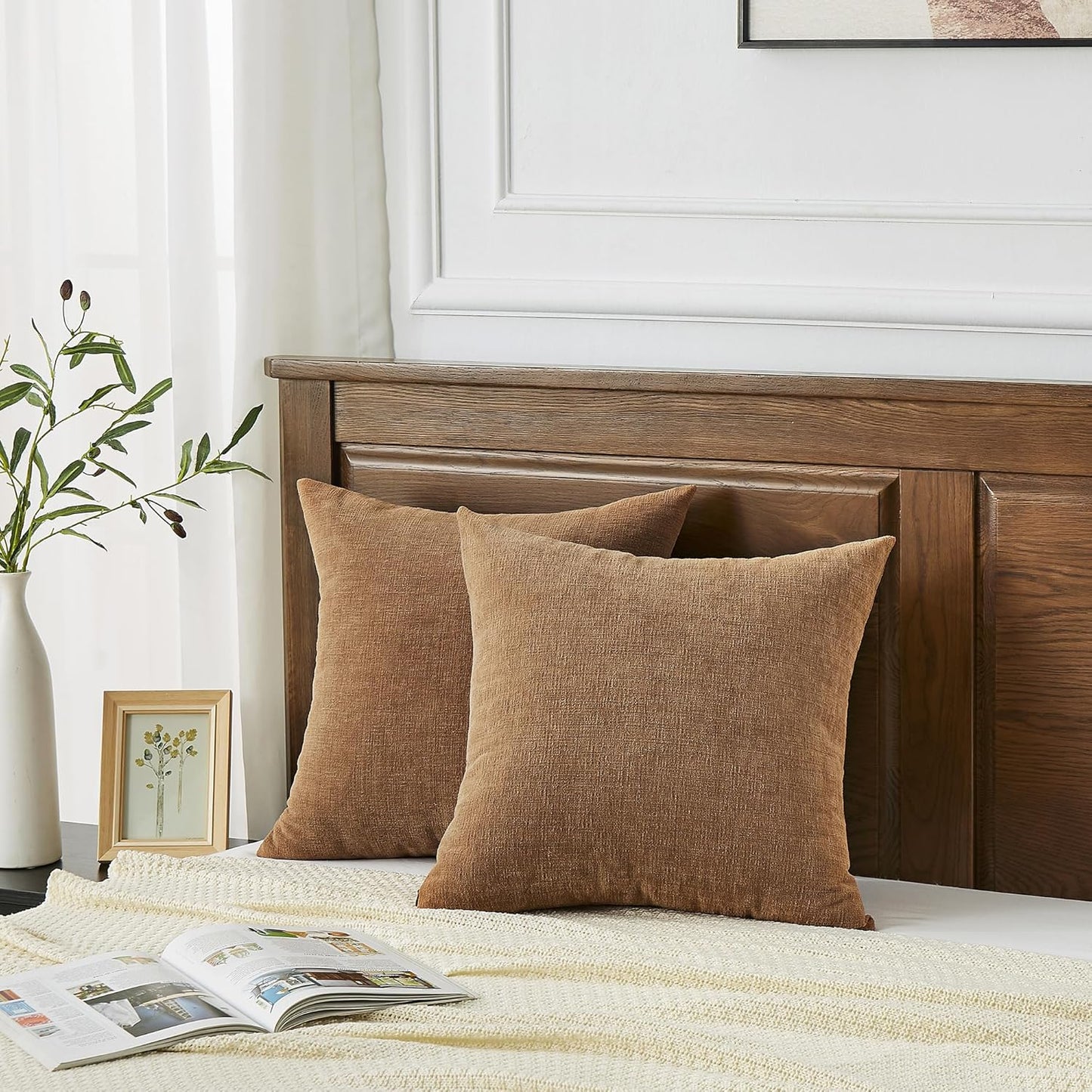 GAWAMAY Decorative Square 16x16 Inch Throw Pillow Covers Set of 2, Super Soft Chenille Pillows Farmhouse Fall Pillowcase for Living Room Bedroom Sofa Couch Cushion Cover Brown 40x40cm (No Inserts)
