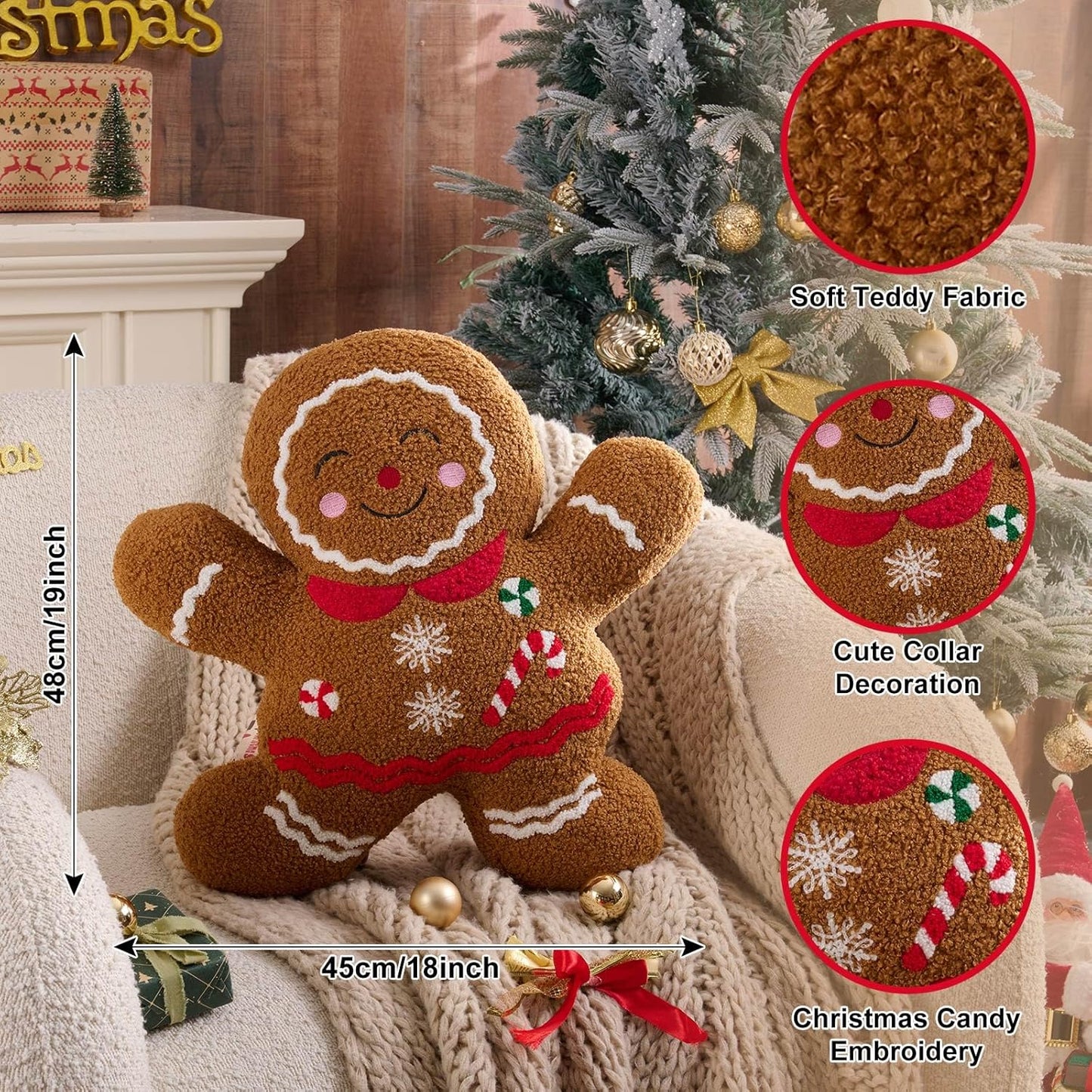 Lanpn Christmas Gingerbread Girl Pillow, Christmas Decoration Winter Throw Pillows Soft Fleece Sherpa Cute 3D Shaped Ginger Bread Lady Throw Cushion for Sofa Bedroom Xmas Decor (18x19 inch)