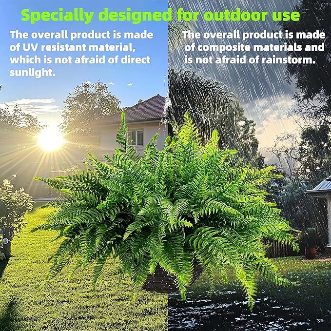 QIANYUN Fake Fern Outdoor Artificial Plants-2-Pack Artificial Outdoor Hanging Fern Faux Greenery UV Resistant Plastic Plants for Front Porch Living Room Garden Decor- Including Hanging Planters